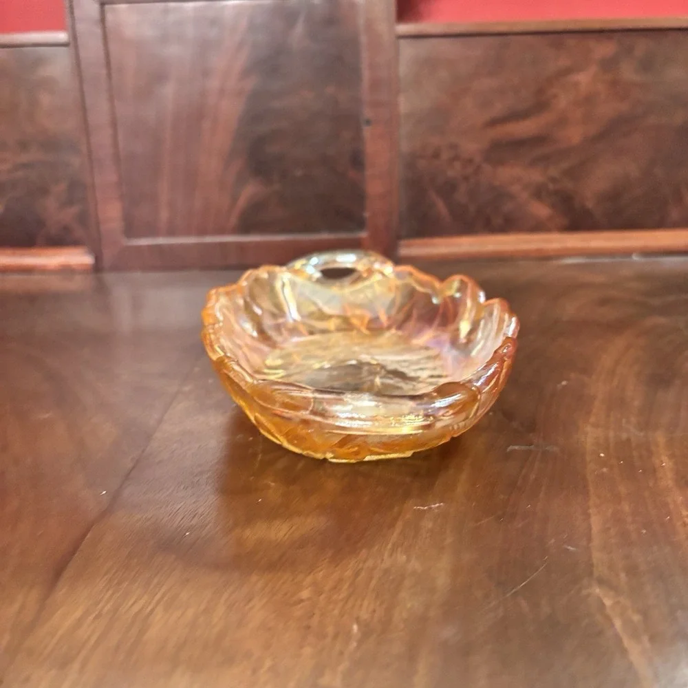 Vintage Indiana Carnival Glass Marigold Relish Dish Iridescent‎ Floral Handled